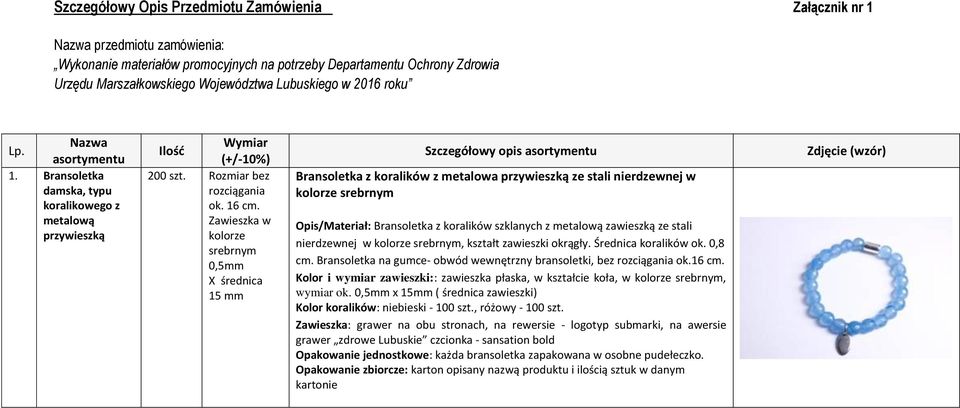 Zawieszka w kolorze srebrnym 0,5mm X średnica 15 mm Szczegółowy opis asortymentu Bransoletka z koralików z metalowa przywieszką ze stali nierdzewnej w kolorze srebrnym Opis/Materiał: Bransoletka z