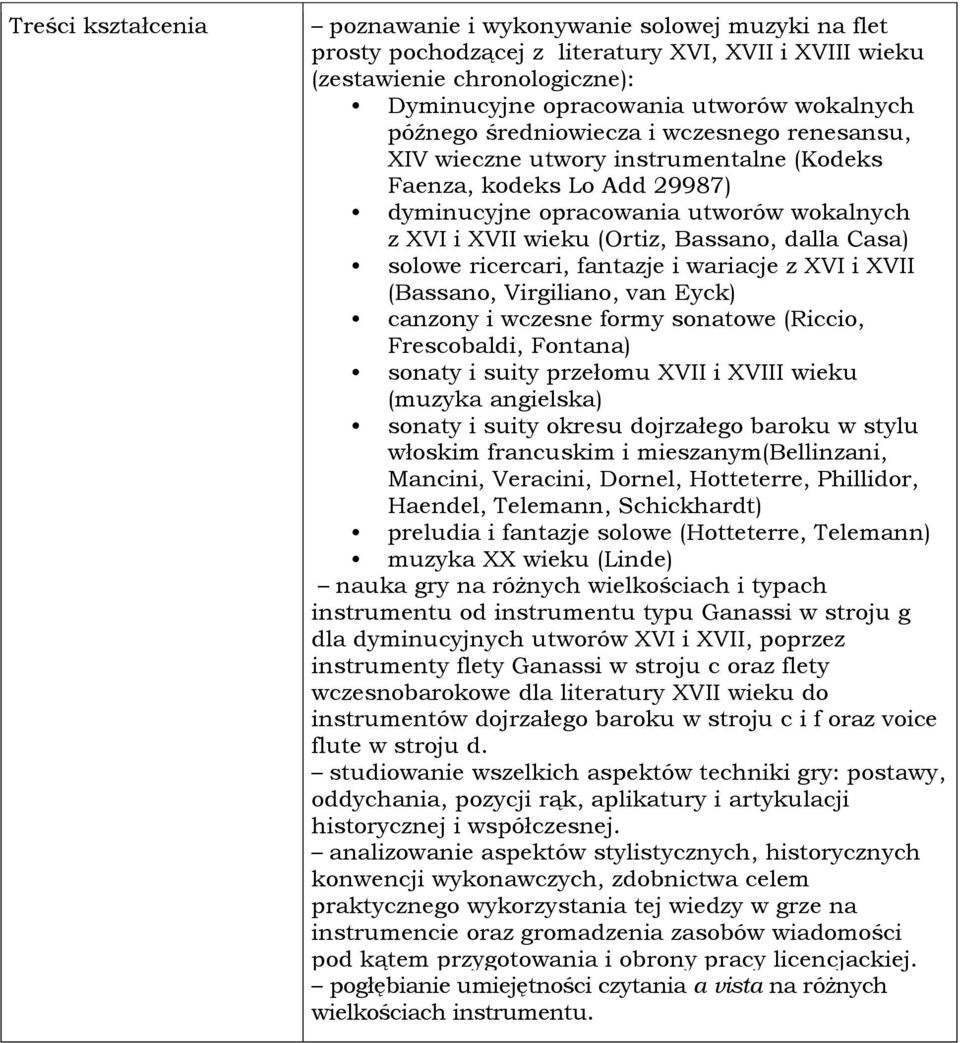 Casa) solowe ricercari, fantazje i wariacje z XVI i XVII (Bassano, Virgiliano, van Eyck) canzony i wczesne formy sonatowe (Riccio, Frescobaldi, Fontana) sonaty i suity przełomu XVII i XVIII wieku