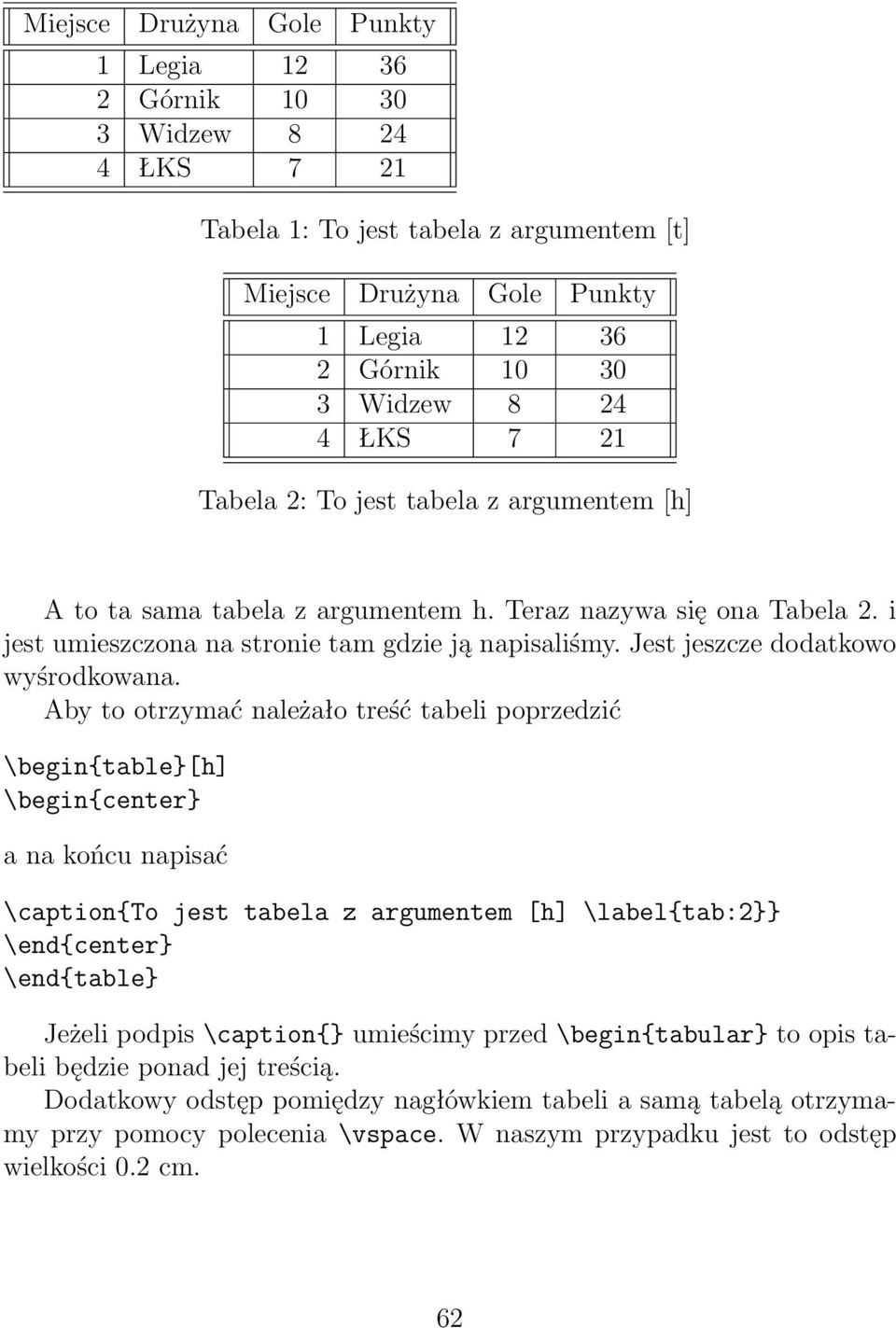 Aby to otrzymać należało treść tabeli poprzedzić \begin{table}[h] \begin{center} a na końcu napisać \caption{to jest tabela z argumentem [h] \label{tab:2}} \end{center} \end{table}
