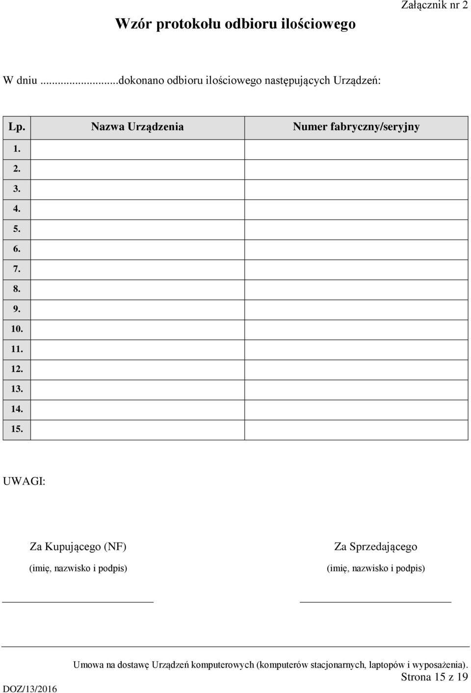 Nazwa Urządzenia Numer fabryczny/seryjny 1. 2. 3. 4. 5. 6. 7. 8. 9. 10. 11. 12.