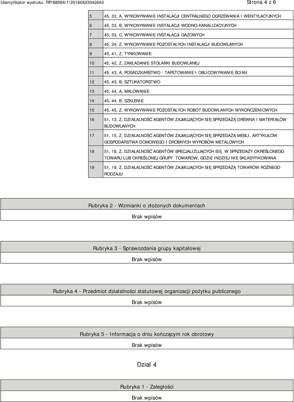 B, SZTUKATORSTWO 13 45, 44, A, MALOWANIE 14 45, 44, B, SZKLENIE 15 45, 45, Z, WYKONYWANIE POZOSTAŁYCH ROBÓT BUDOWLANYCH WYKOŃCZENIOWYCH 16 51, 13, Z, DZIAŁALNOŚĆ AGENTÓW ZAJMUJĄCYCH SIĘ SPRZEDAŻĄ