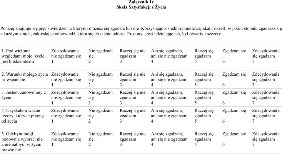 Pod wieloma względami moje życie jest bliskie ideału nie się 1 Nie się 2 Raczej się nie 3 Ani się, ani się nie 4 Raczej się 5 Zgadzam się 6 się 7 2.