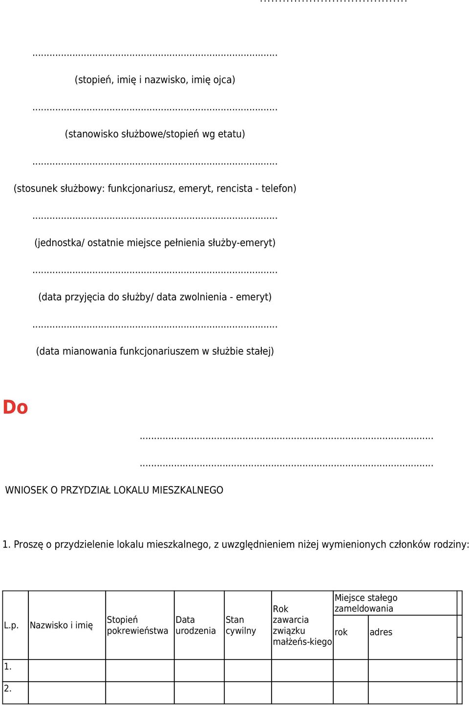 .. (data mianowania funkcjonariuszem w służbie stałej) Do...... WNIOSEK O PRZYDZIAŁ LOKALU MIESZKALNEGO 1.