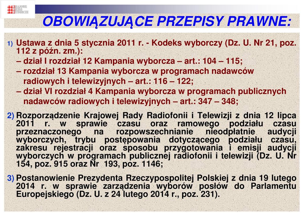 : 116 122; dział VI rozdział 4 Kampania wyborcza w programach publicznych nadawców radiowych i telewizyjnych art.