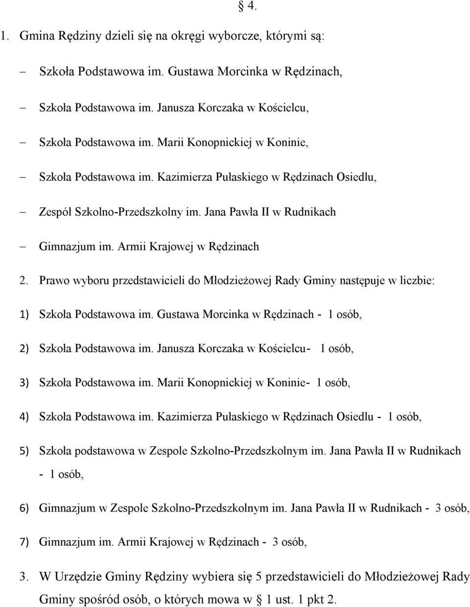 Prawo wyboru przedstawicieli do Młodzieżowej Rady Gminy następuje w liczbie: 1) Szkoła Podstawowa im. Gustawa Morcinka w Rędzinach - 1 osób, 2) Szkoła Podstawowa im.