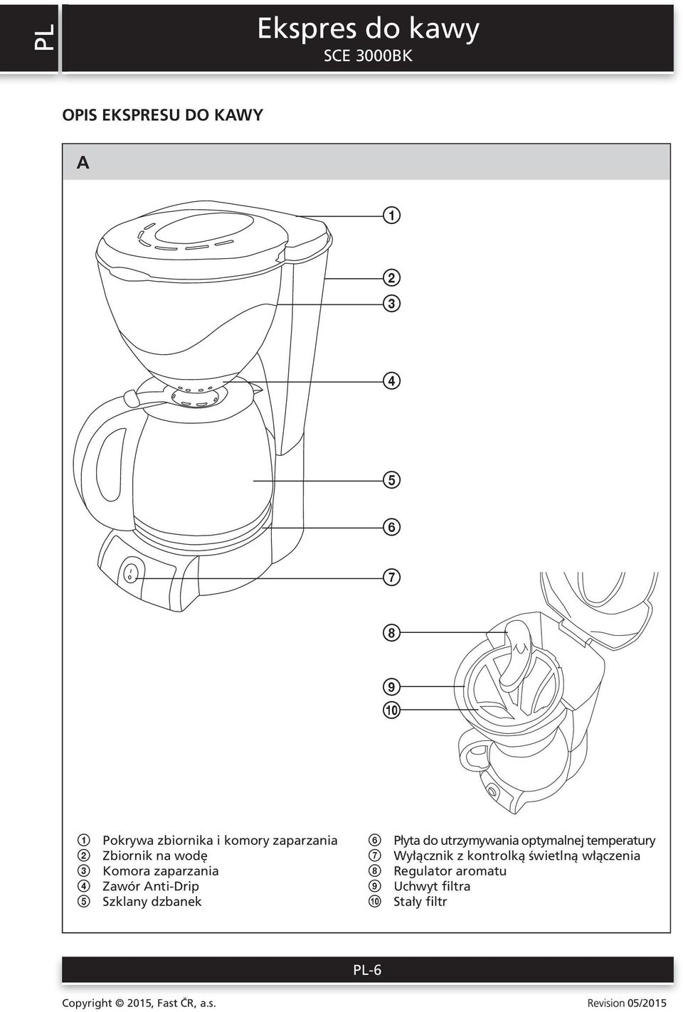 Anti-Drip 5 Szklany dzbanek 6 Płyta do utrzymywania optymalnej temperatury 7