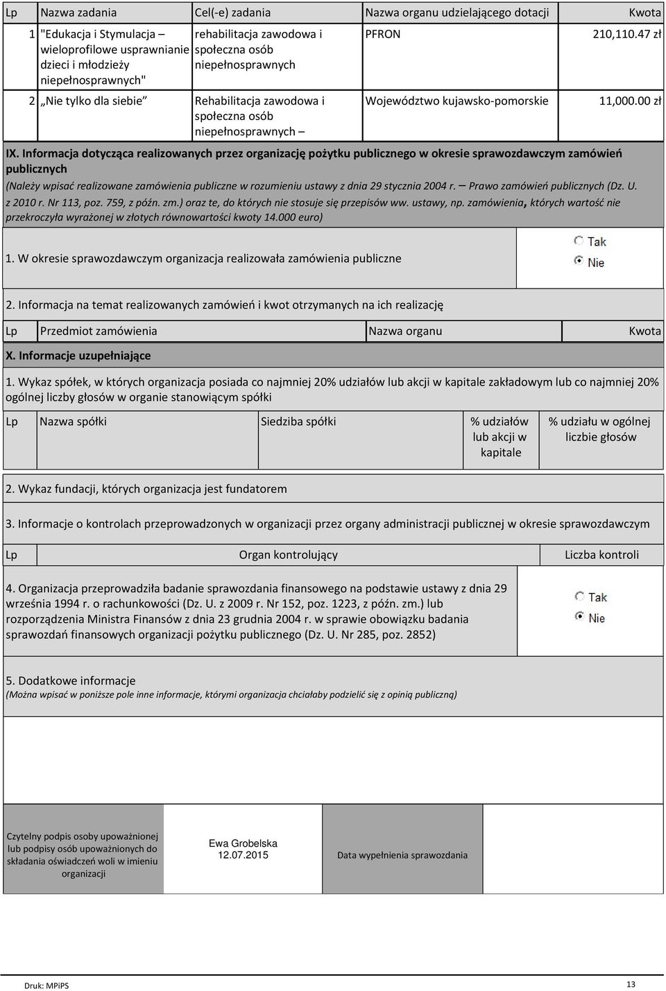 Informacja dotyczйca realizowanych przez organizacjъ poпytku publicznego w okresie sprawozdawczym zamѓwieё publicznych (NaleПy wpisaц realizowane zamѓwienia publiczne w rozumieniu ustawy z dnia 29