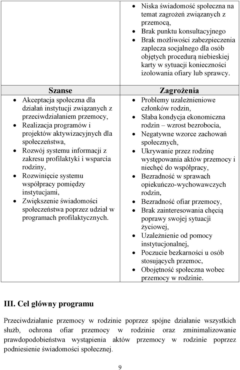 Szanse Akceptacja społeczna dla działań instytucji związanych z przeciwdziałaniem przemocy, Realizacja programów i projektów aktywizacyjnych dla społeczeństwa, Rozwój systemu informacji z zakresu