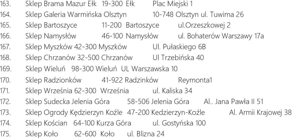 Sklep Wieluń 98-300 Wieluń UL Warszawska 10 170. Sklep Radzionków 41-922 Radzinków Reymonta1 171. Sklep Września 62-300 Września ul. Kaliska 34 172.