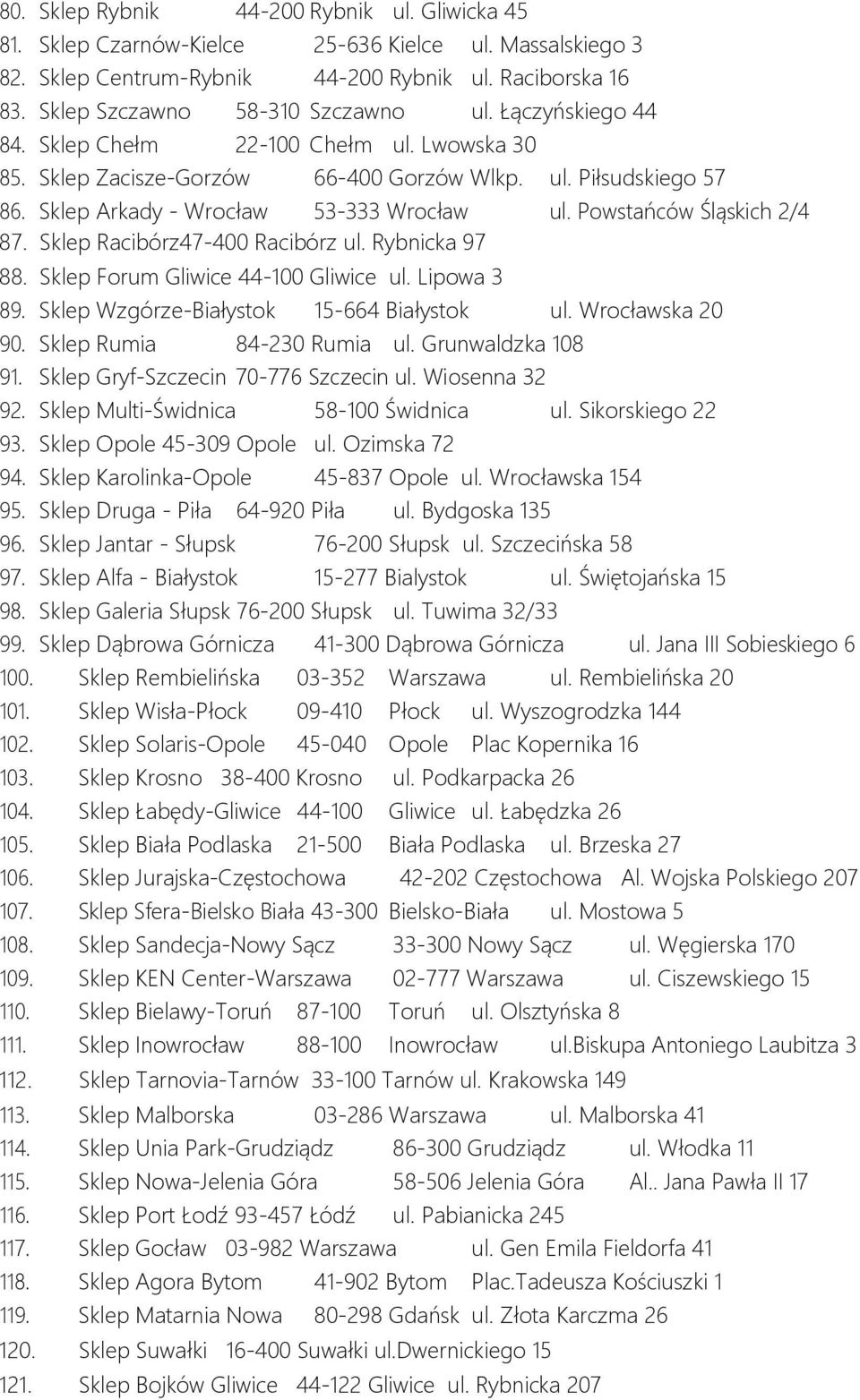 Sklep Racibórz47-400 Racibórz ul. Rybnicka 97 88. Sklep Forum Gliwice 44-100 Gliwice ul. Lipowa 3 89. Sklep Wzgórze-Białystok 15-664 Białystok ul. Wrocławska 20 90. Sklep Rumia 84-230 Rumia ul.