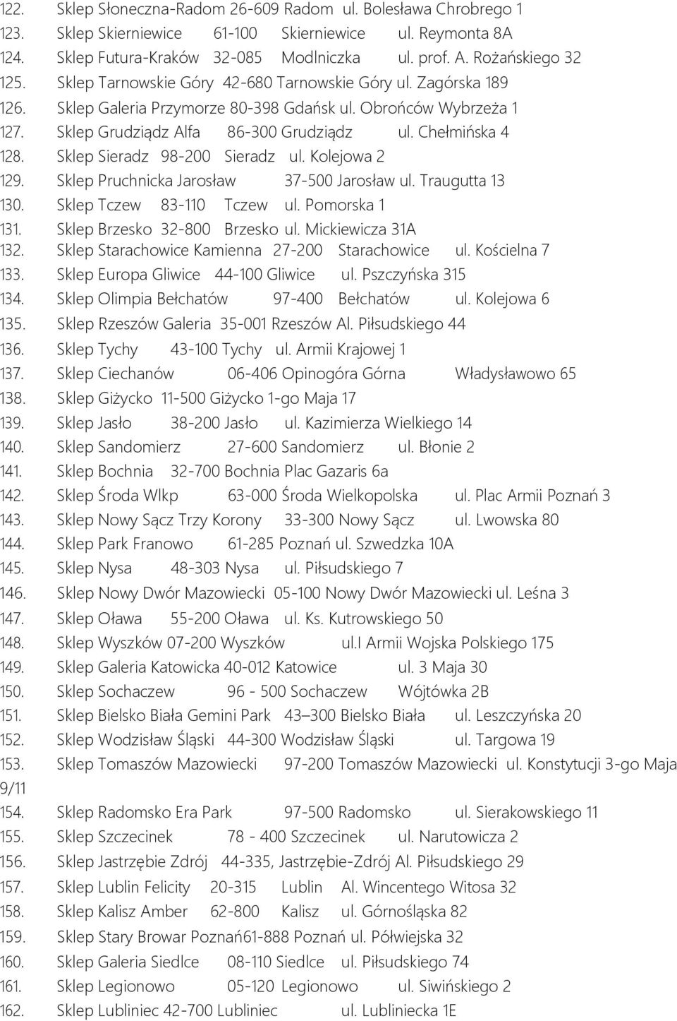 Chełmińska 4 128. Sklep Sieradz 98-200 Sieradz ul. Kolejowa 2 129. Sklep Pruchnicka Jarosław 37-500 Jarosław ul. Traugutta 13 130. Sklep Tczew 83-110 Tczew ul. Pomorska 1 131.