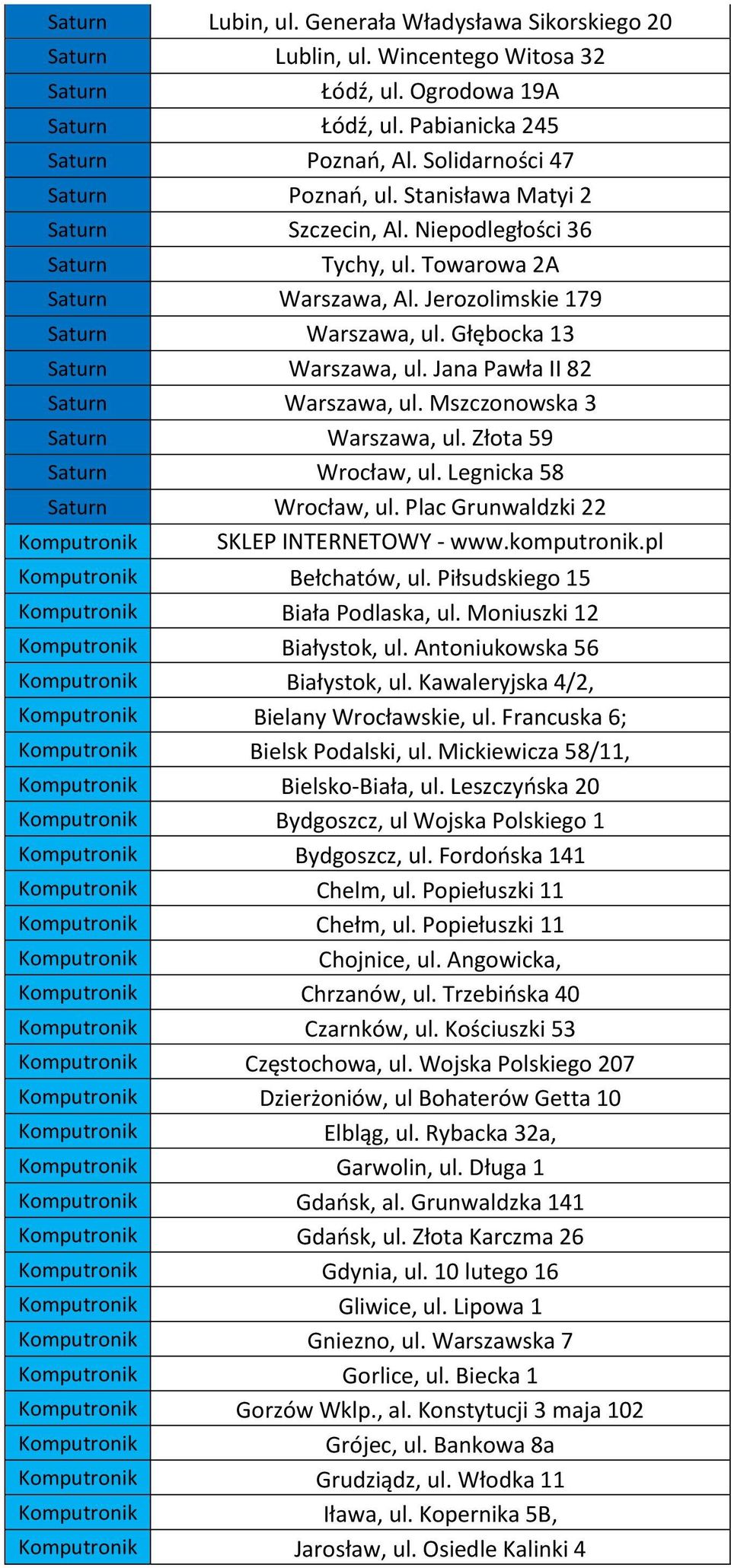 Głębocka 13 Saturn Warszawa, ul. Jana Pawła II 82 Saturn Warszawa, ul. Mszczonowska 3 Saturn Warszawa, ul. Złota 59 Saturn Wrocław, ul. Legnicka 58 Saturn Wrocław, ul.