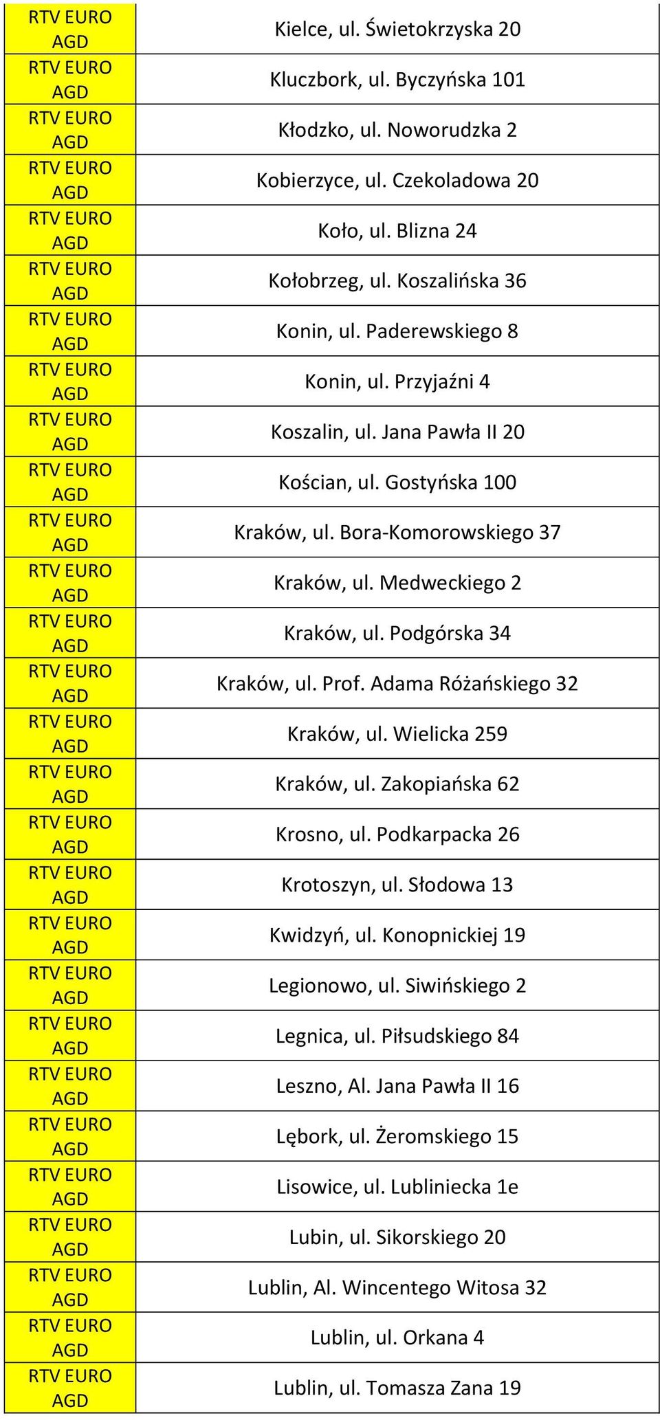 Prof. Adama Różańskiego 32 Kraków, ul. Wielicka 259 Kraków, ul. Zakopiańska 62 Krosno, ul. Podkarpacka 26 Krotoszyn, ul. Słodowa 13 Kwidzyń, ul. Konopnickiej 19 Legionowo, ul.