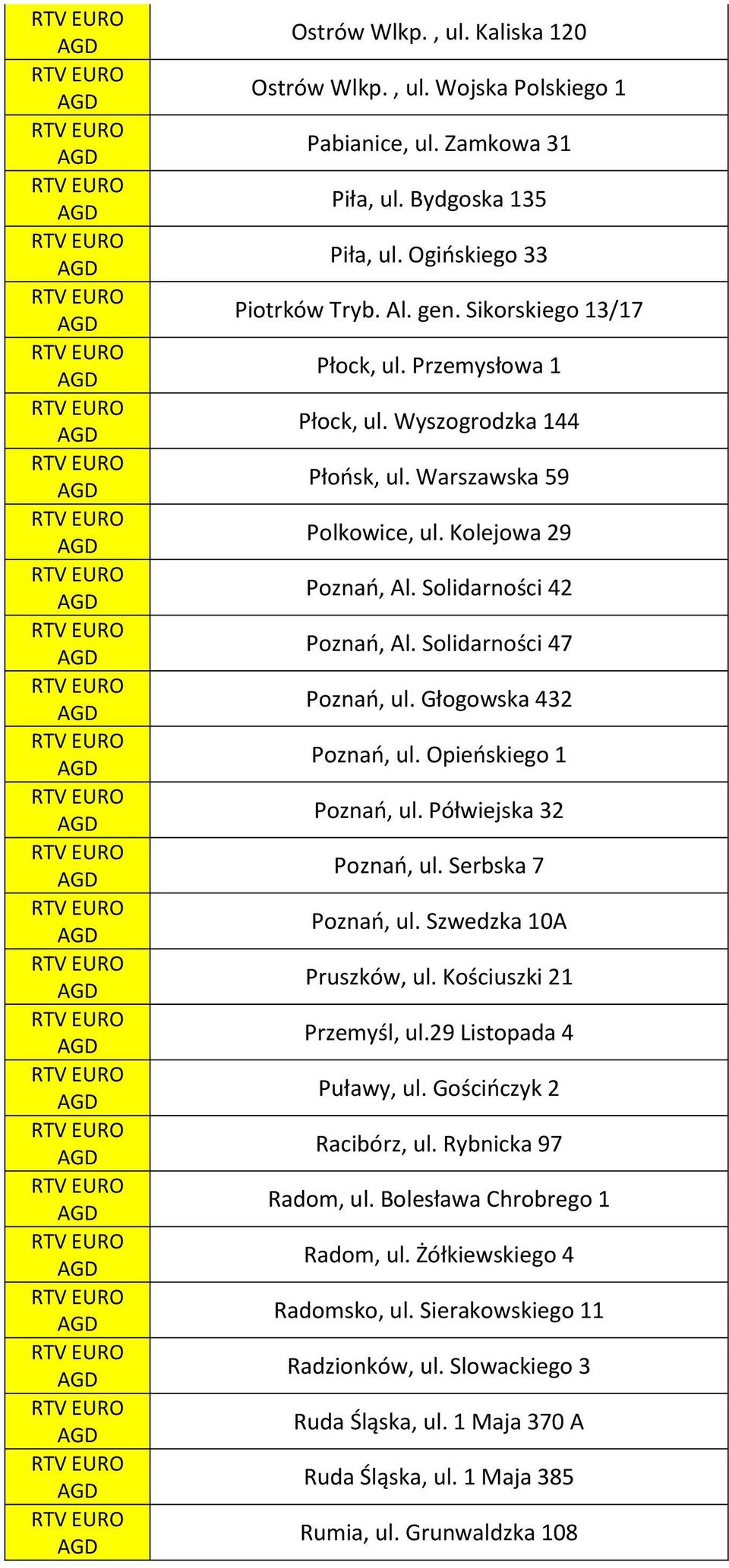 Opieńskiego 1 Poznań, ul. Półwiejska 32 Poznań, ul. Serbska 7 Poznań, ul. Szwedzka 10A Pruszków, ul. Kościuszki 21 Przemyśl, ul.29 Listopada 4 Puławy, ul. Gościńczyk 2 Racibórz, ul.