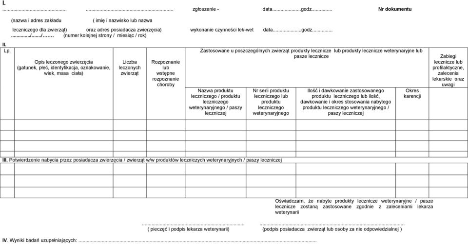 ../. (numer kolejnej strony / miesiąc / rok) Opis leczonego zwierzęcia (gatunek, płeć, identyfikacja, oznakowanie, wiek, masa ciała) Liczba leczonych zwierząt Rozpoznanie lub wstępne rozpoznanie