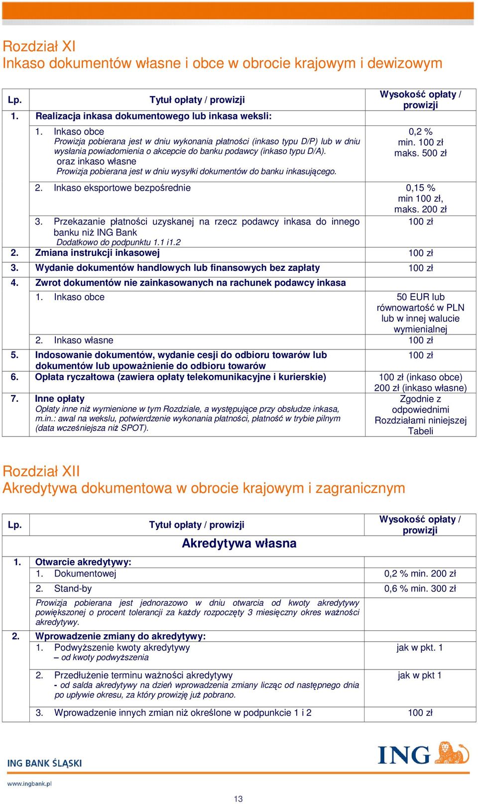 oraz inkaso własne Prowizja pobierana jest w dniu wysyłki dokumentów do banku inkasującego. 0,2 % min. maks. 500 zł 2. Inkaso eksportowe bezpośrednie 0,15 % min, maks. 200 zł 3.