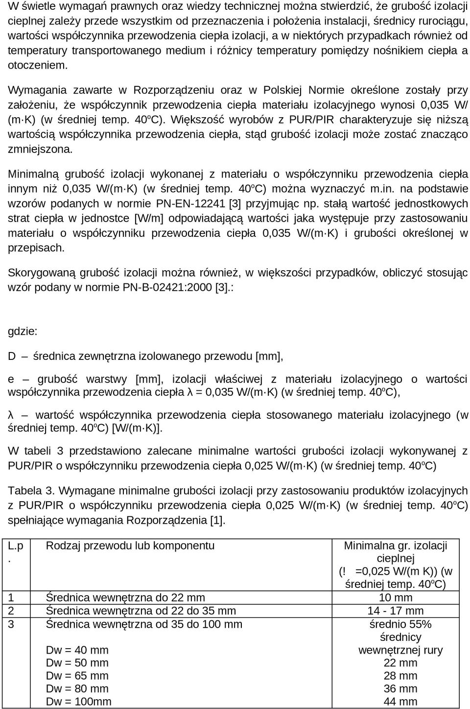 Wymagania zawarte w Rozporządzeniu oraz w Polskiej Normie określone zostały przy założeniu, że współczynnik przewodzenia ciepła materiału izolacyjnego wynosi 0,035 W/ (m K) (w średniej temp. 40 o C).