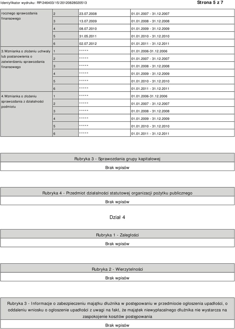 01.2009-31.12.2009 5 ***** 01.01.2010-31.12.2010 6 ***** 01.01.2011-31.12.2011 4.Wzmianka o złożeniu sprawozdania z działalności podmiotu 1 ***** 01.01.2006-31.12.2006 2 ***** 01.01.2007-31.12.2007 3 ***** 01.