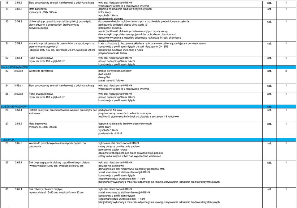 59.1 Półka dwupoziomowa -wym. ok. szer.130 x głęb.30 cm powierzchnia ok.9 m2 dozowanie dwóch środków chemicznych z moŝliwością predefiniowania stęŝenia.