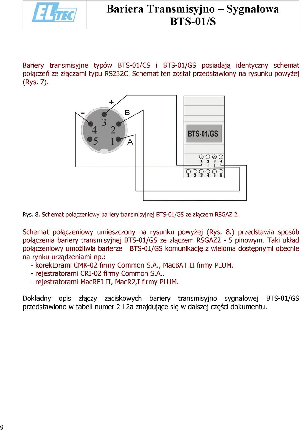 ) przedstawia sposób połączenia bariery transmisyjnej BTS-01/GS ze złączem RSGAZ2-5 pinowym.