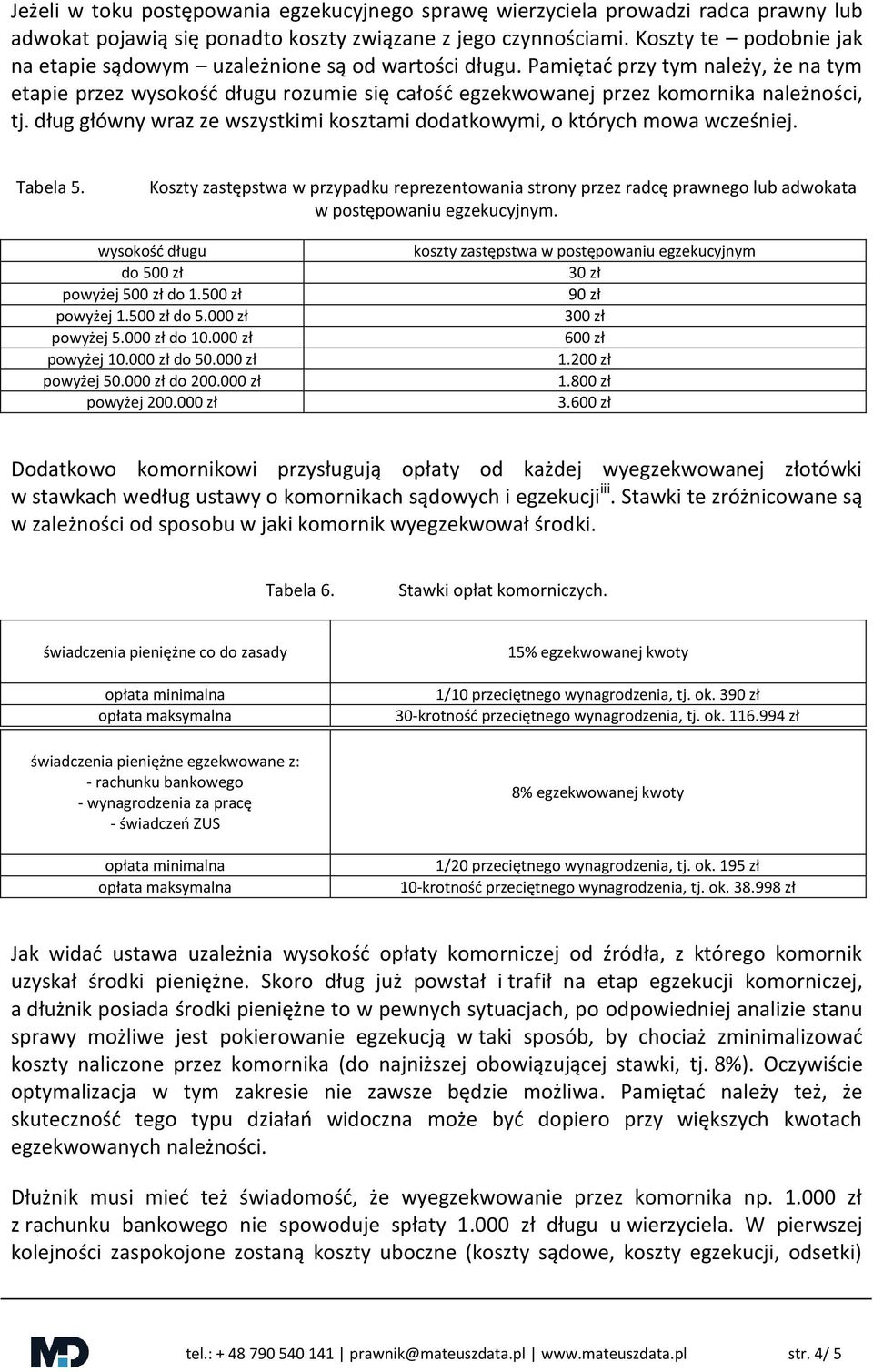 dług główny wraz ze wszystkimi kosztami dodatkowymi, o których mowa wcześniej. Tabela 5. w postępowaniu egzekucyjnym. koszty zastępstwa w postępowaniu egzekucyjnym 30 zł 90 zł 300 zł 600 zł 1.