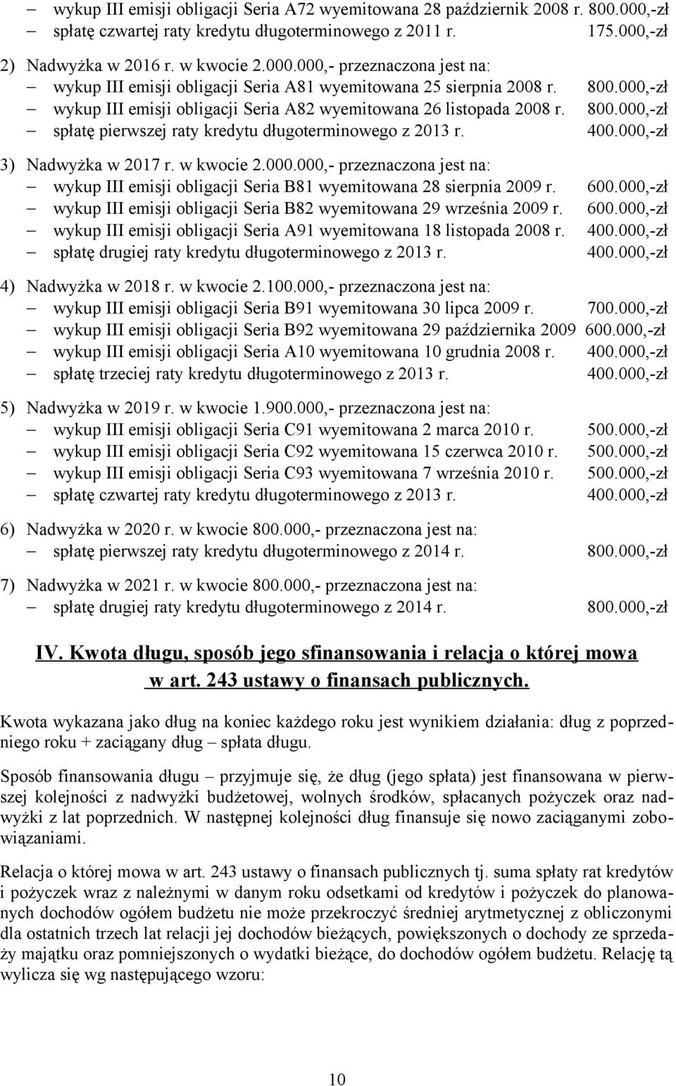 400.00zł 3) Nadwyżka w 2017 r. w kwocie 2.000.00 przeznaczona jest na: wykup III emisji obligacji Seria B81 wyemitowana 28 sierpnia 2009 r. 600.