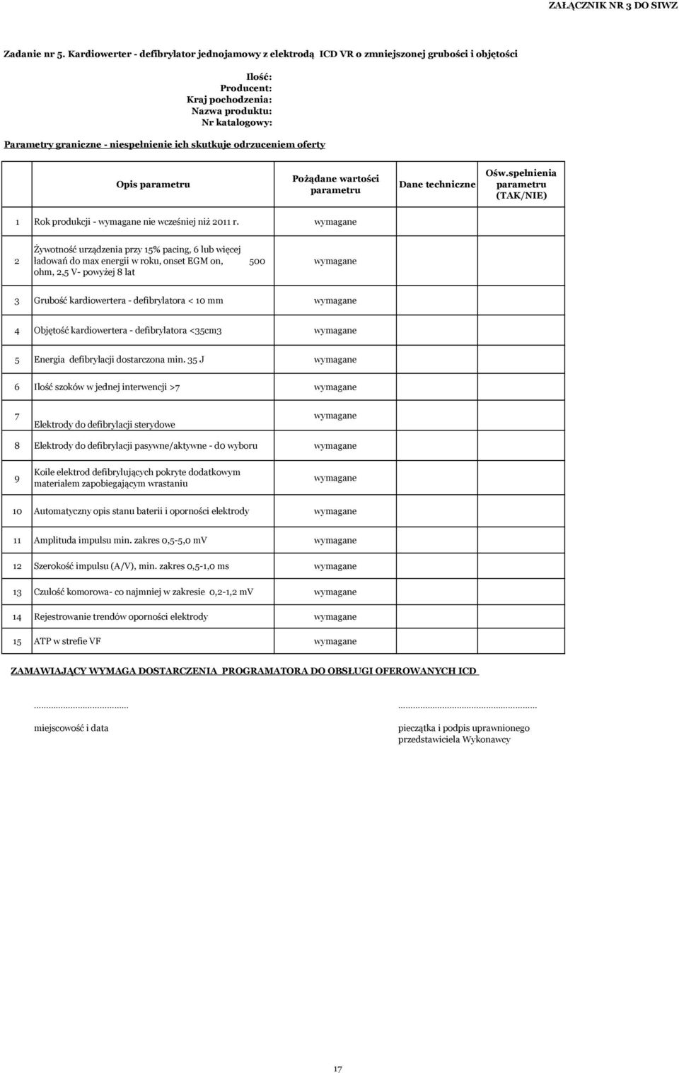 ich skutkuje odrzuceniem oferty Opis parametru Pożądane wartości parametru Dane techniczne Ośw.spełnienia parametru (TAK/NIE) 1 Rok produkcji - nie wcześniej niż 2011 r.