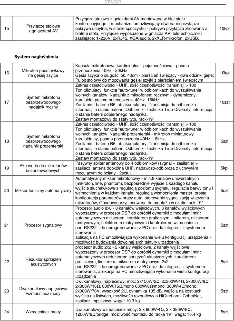 10kpl System nagłośnienia 16 17 18 19 Mikrofon podstawkowy na gęsiej szyjce System mikrofonu bezprzewodowego nadajnik ręczny System mikrofonu bezprzewodowego nadajnik prezenterski Akcesoria do