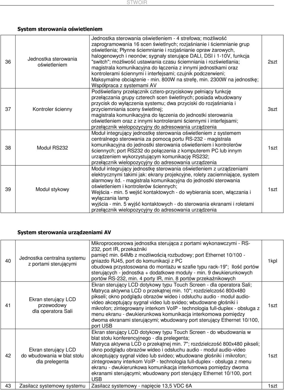 ustawiania czasu ściemniania i rozświetlania; magistrala komunikacyjna do łączenia z innymi jednostkami oraz kontrolerami ściennymi i interfejsami; czujnik podczerwieni; Maksymalne obciąŝenie - min.