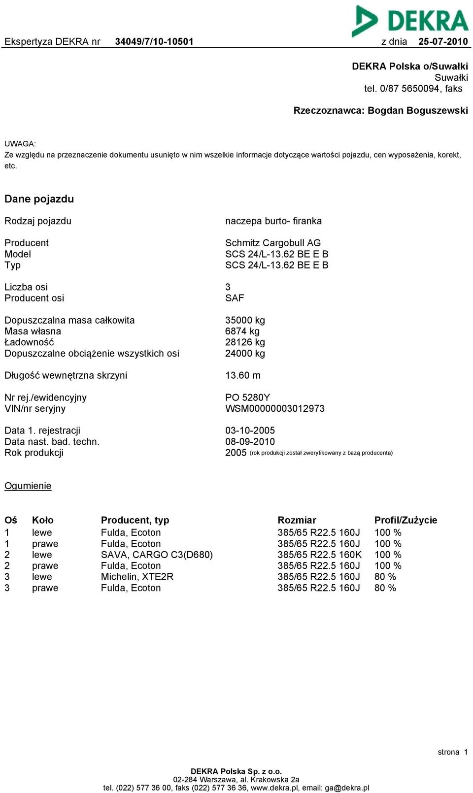 Dane pojazdu Rodzaj pojazdu naczepa burto- firanka Producent Model Typ Schmitz Cargobull AG SCS 24/L-13.62 BE E B SCS 24/L-13.