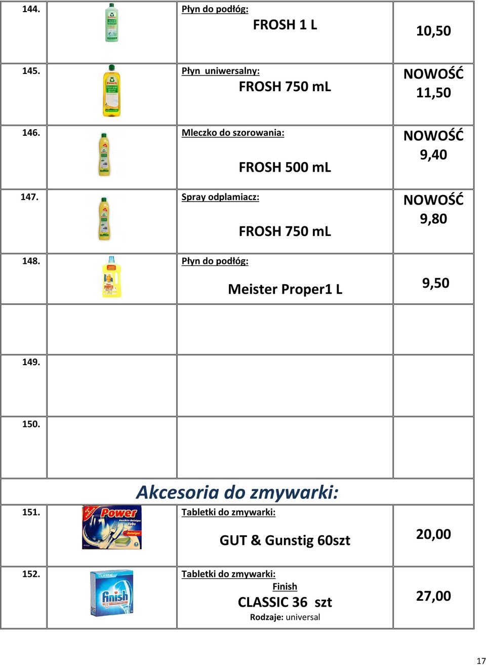 Płyn do podłóg: Meister Proper1 L 9,50 149. 150. Akcesoria do zmywarki: 151.