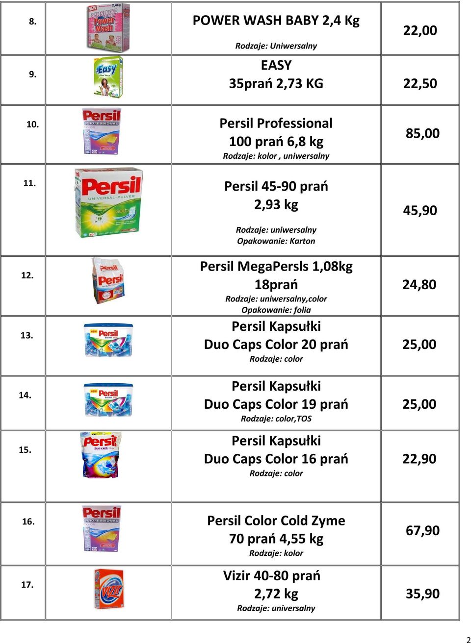 Persil MegaPersls 1,08kg 18prań Rodzaje: uniwersalny,color Opakowanie: folia Persil Kapsułki Duo Caps Color 20 prań Rodzaje: color Persil Kapsułki Duo Caps