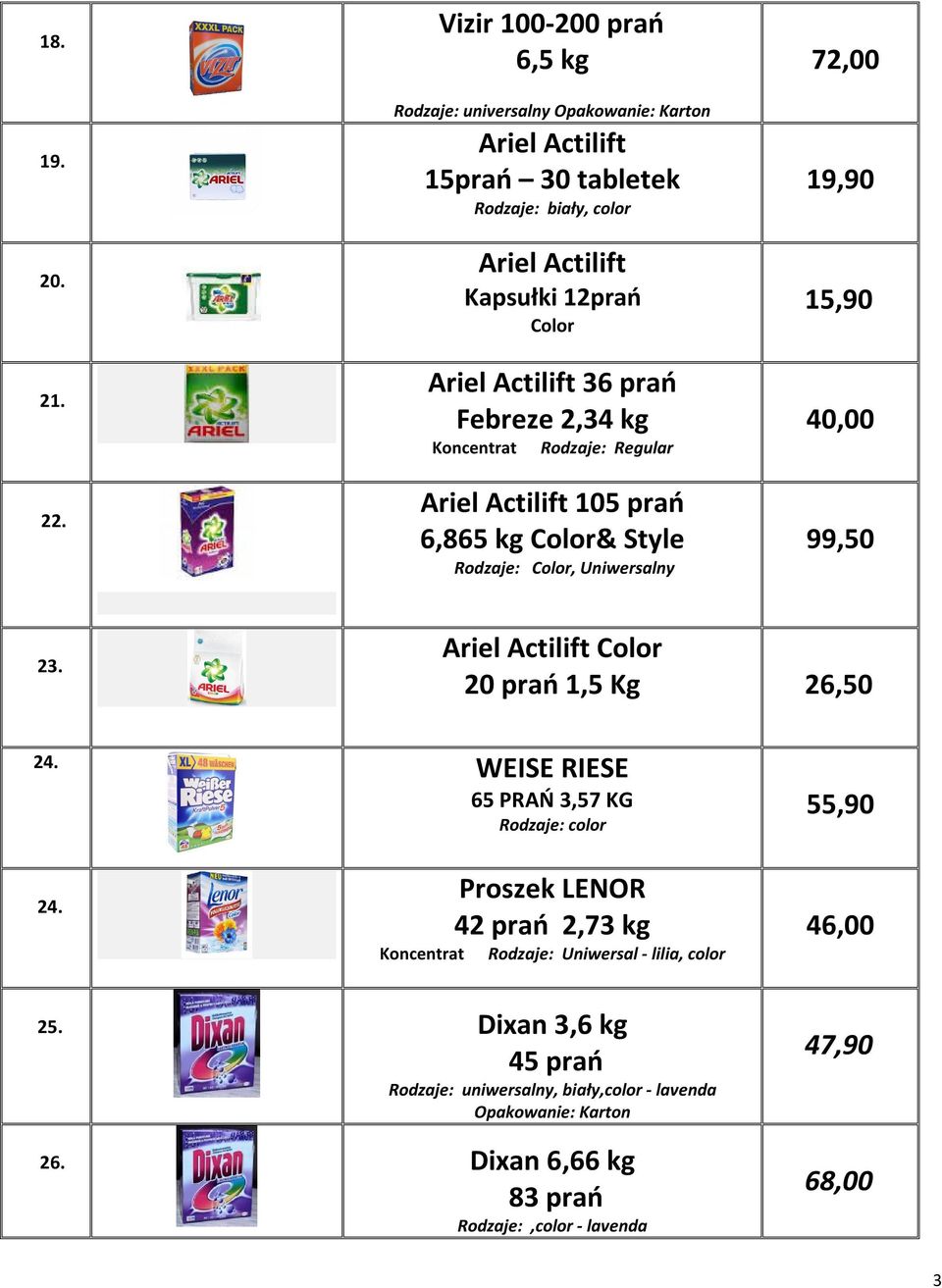 Actilift 36 prań Febreze 2,34 kg Koncentrat Rodzaje: Regular Ariel Actilift 105 prań 6,865 kg Color& Style Rodzaje: Color, Uniwersalny 72,00 19,90 15,90 40,00 99,50 23.