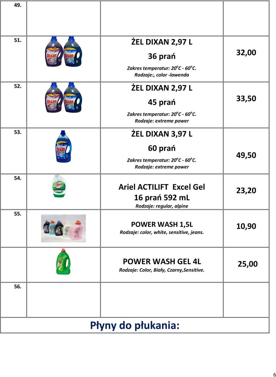 ŻEL DIXAN 3,97 L 60 prań Zakres temperatur: 20 o C - 60 o C. Rodzaje: extreme power 32,00 33,50 49,50 54. 55.