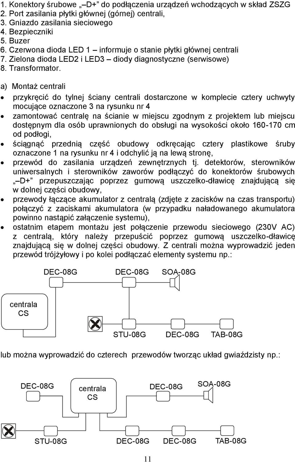 a) Montaż centrali przykręcić do tylnej ściany centrali dostarczone w komplecie cztery uchwyty mocujące oznaczone 3 na rysunku nr 4 zamontować centralę na ścianie w miejscu zgodnym z projektem lub