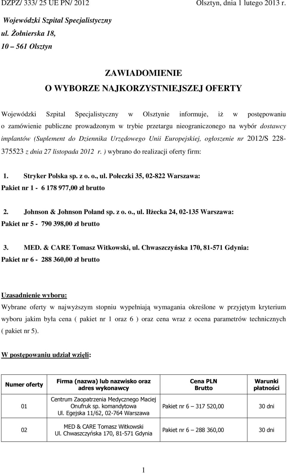 przetargu nieograniczonego na wybór dostawcy implantów (Suplement do Dziennika Urzędowego Unii Europejskiej, ogłoszenie nr 2012/S 228-375523 z dnia 27 listopada 2012 r.