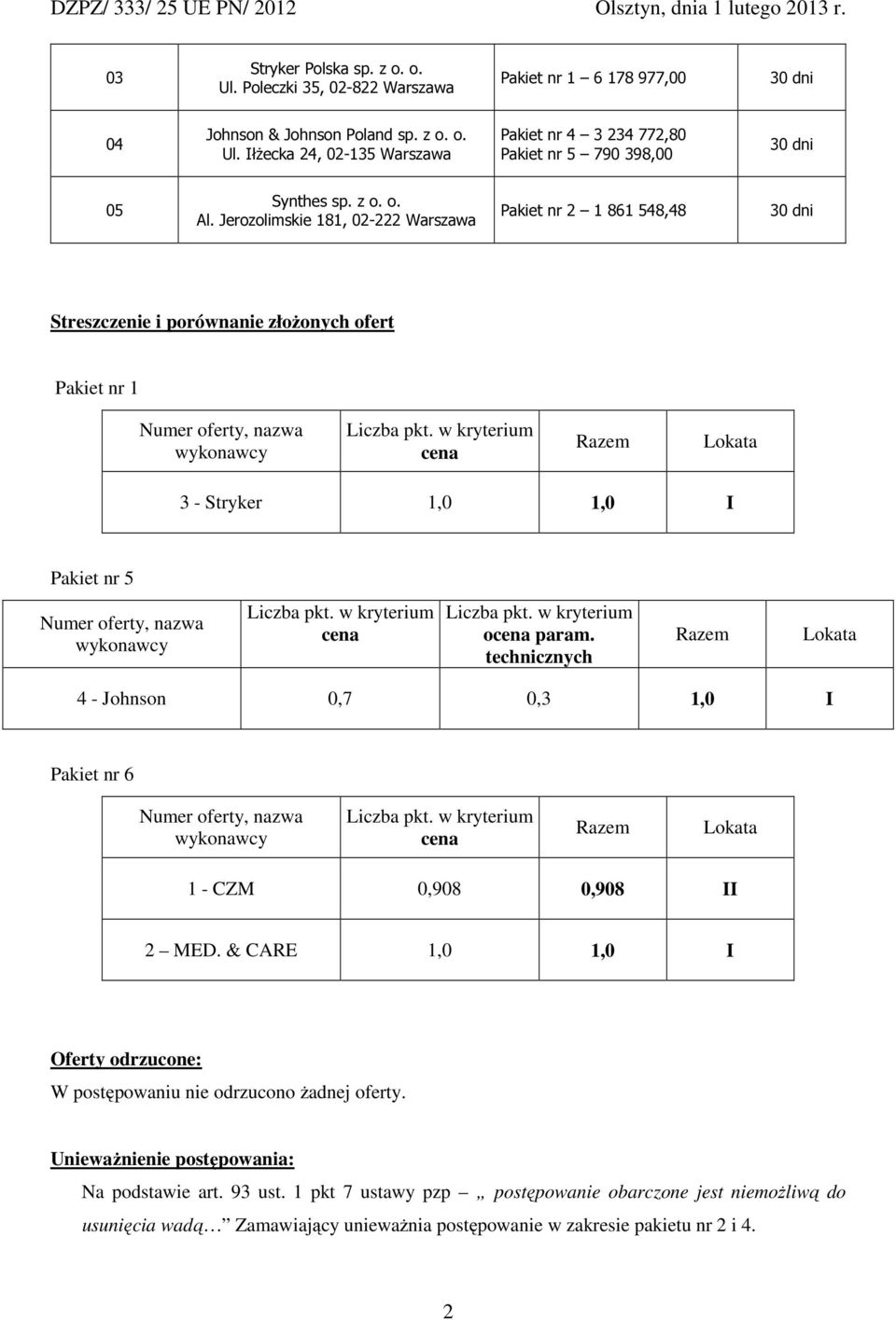 technicznych 4 - Johnson 0,7 0,3 1,0 I Pakiet nr 6 1 - CZM 0,908 0,908 II 2 MED. & CARE 1,0 1,0 I Oferty odrzucone: W postępowaniu nie odrzucono żadnej oferty.