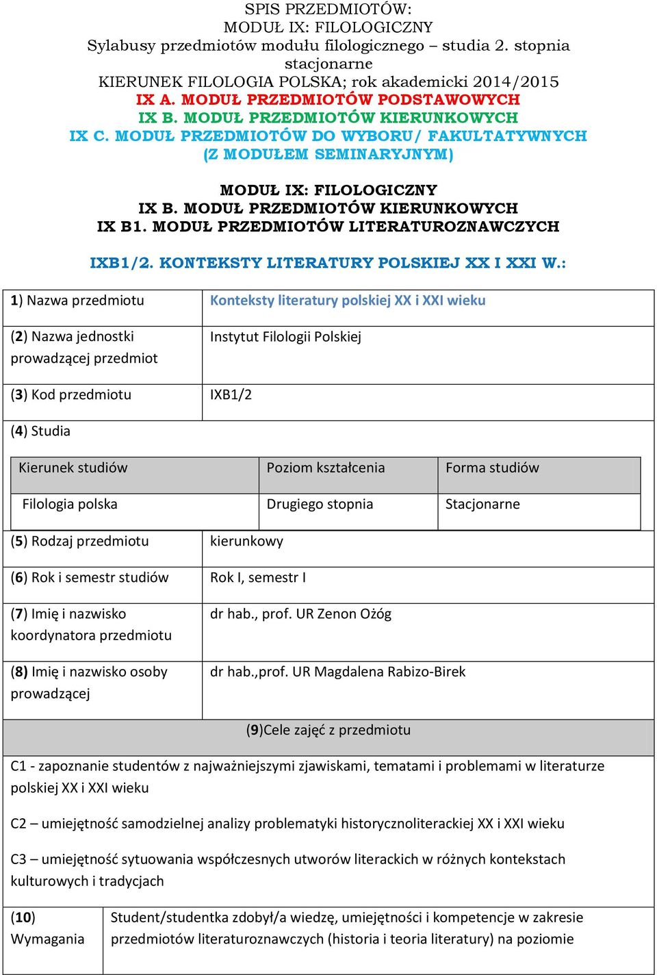 MODUŁ PRZEDMIOTÓW KIERUNKOWYCH IX B1. MODUŁ PRZEDMIOTÓW LITERATUROZNAWCZYCH IXB1/2. KONTEKSTY LITERATURY POLSKIEJ XX I XXI W.