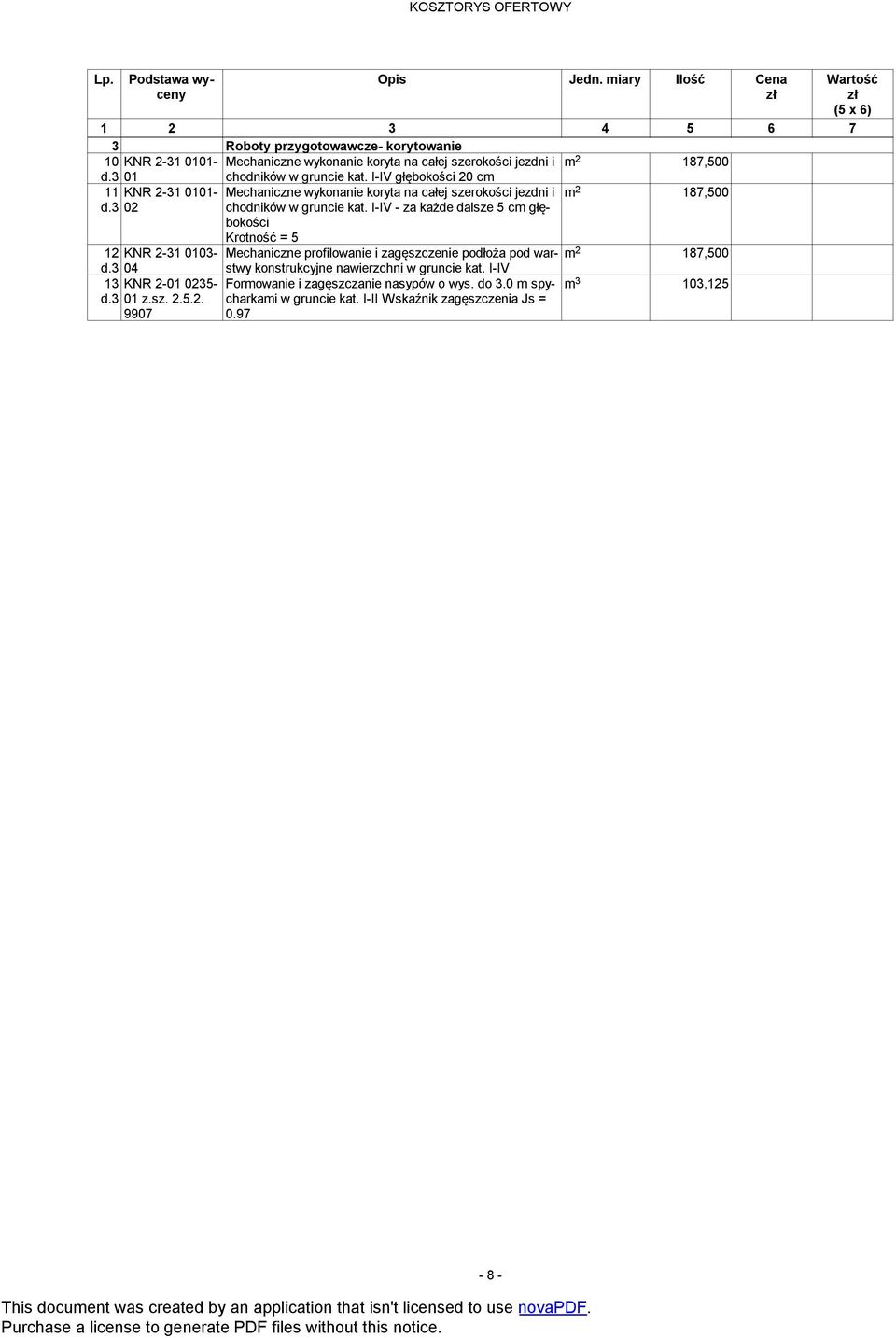 I-IV - za każde dalsze 5 cm głębokości Krotność = 5 12 KNR 2-31 0103- Mechaniczne profilowanie i zagęszczenie podłoża pod war- m 2 187,500 d.3 04 13 d.