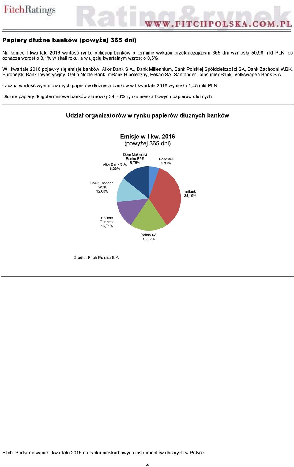 ior Bank S.A., Bank Millennium, Bank Polskiej Spółdzielczości SA, Bank Zachodni WBK, Europejski Bank Inwestycyjny, Getin Noble Bank, Hipoteczny, Pekao SA, Santander Consumer Bank, Volkswagen Bank S.A. Łączna wartość wyemitowanych papierów dłużnych banków w I kwartale 2016 wyniosła 1,45 mld PLN.