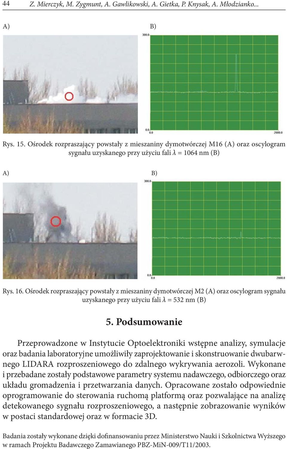 Ośrodek rozpraszający powstały z mieszaniny dymotwórczej M2 (A) oraz oscylogram sygnału uzyskanego przy użyciu fali λ = 532 nm (B) 5.