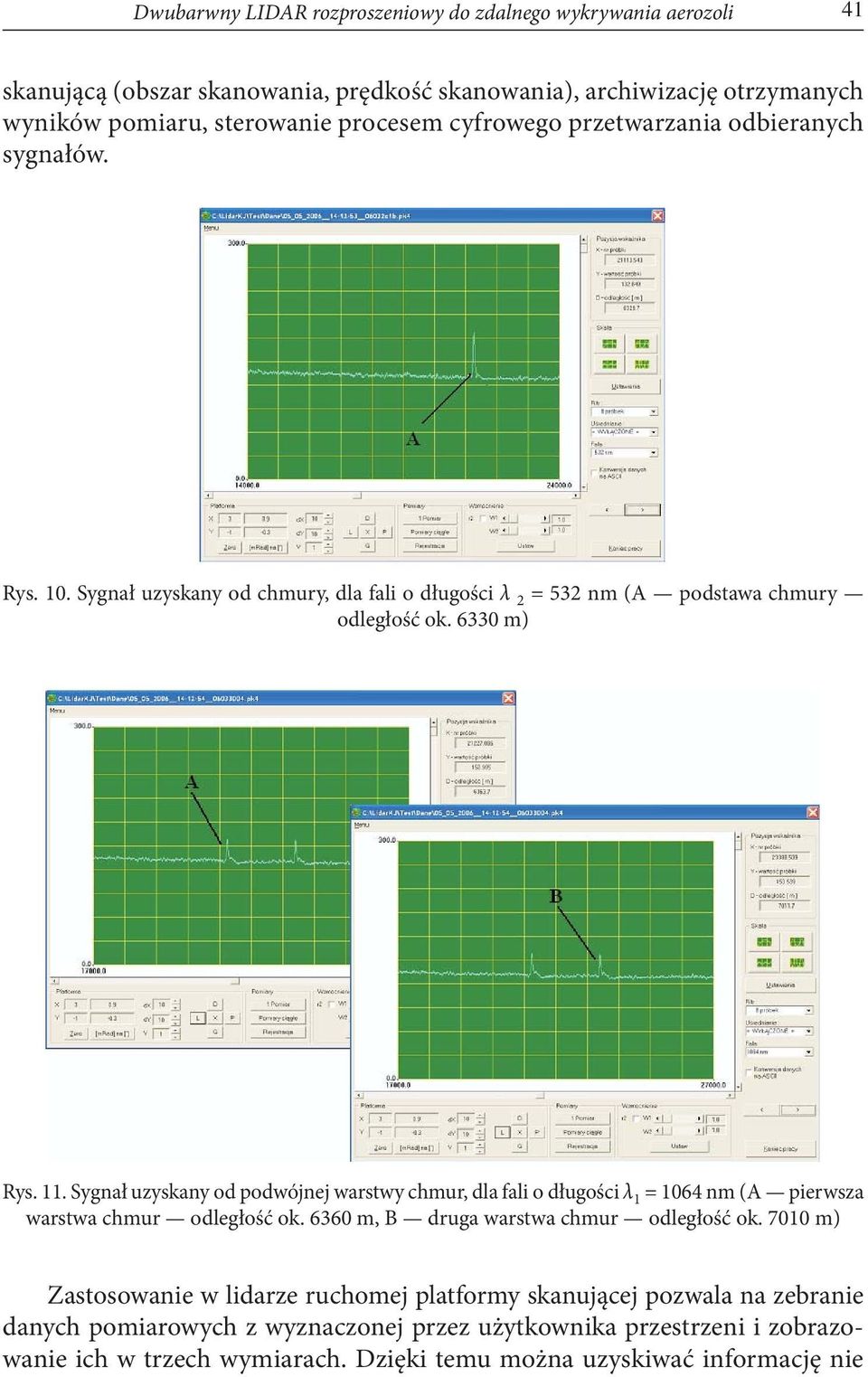 Sygnał uzyskany od podwójnej warstwy chmur, dla fali o długości λ 1 = 1064 nm (A pierwsza warstwa chmur odległość ok. 6360 m, B druga warstwa chmur odległość ok.
