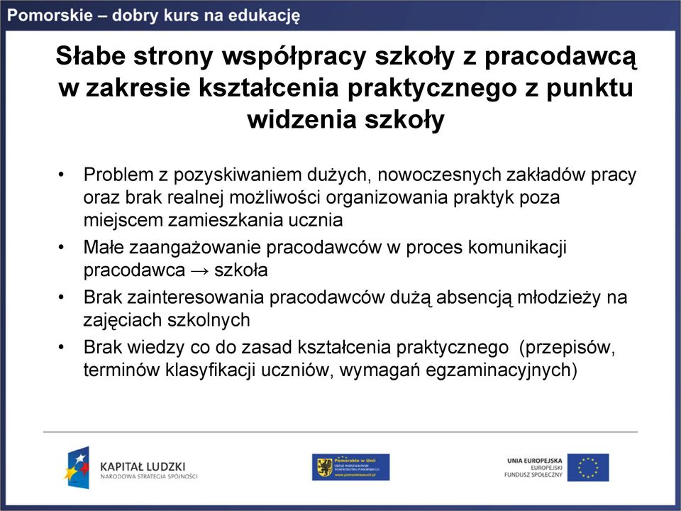 zaangażowanie pracodawców w proces komunikacji pracodawca szkoła Brak zainteresowania pracodawców dużą absencją młodzieży na