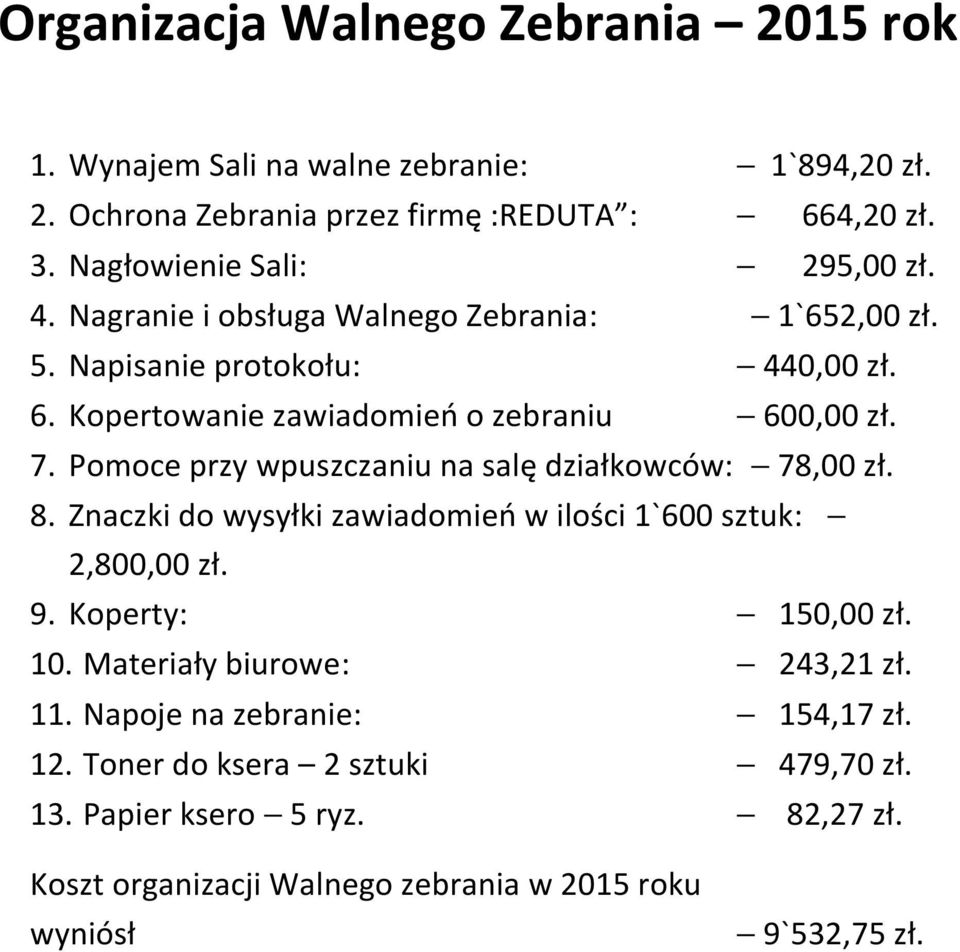 7. Pomoce przy wpuszczaniu na salę działkowców: 78,00 zł. 8. Znaczki do wysyłki zawiadomień w ilości 1`600 sztuk: 2,800,00 zł. 9. Koperty: 150,00 zł. 10.