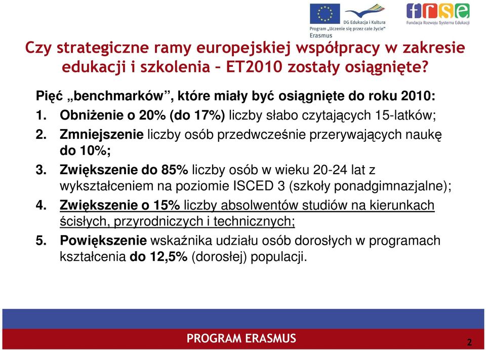 Zmniejszenie liczby osób przedwcześnie przerywających naukę do 10%; 3.