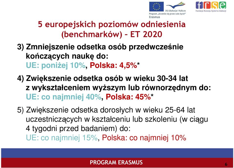 lub równorzędnym do: UE: co najmniej 40%, Polska: 45%* 5) Zwiększenie odsetka dorosłych w wieku 25-64 lat