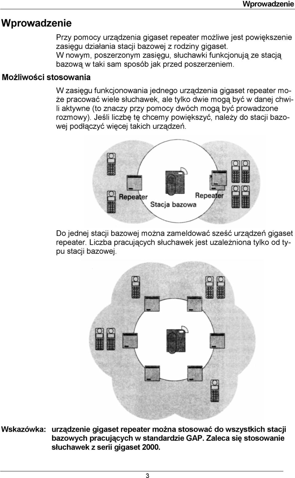 W zasigu funkcjonowania jednego urzdzenia gigaset repeater mo- e pracowa wiele s'uchawek, ale tylko dwie mog by w danej chwili aktywne (to znaczy przy pomocy dwóch mog by prowadzone rozmowy).