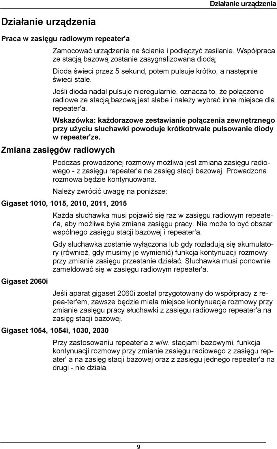 Je/li dioda nadal pulsuje nieregularnie, oznacza to, e po'czenie radiowe ze stacj bazow jest s'abe i naley wybra inne miejsce dla repeater'a.