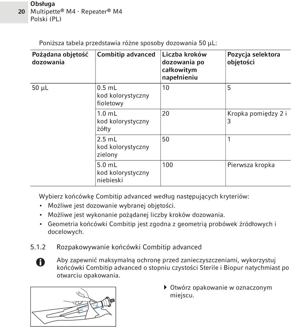 0 ml kod kolorystyczny niebieski Liczba kroków dozowania po całkowitym napełnieniu 10 5 Wybierz końcówkę Combitip advanced według następujących kryteriów: Możliwe jest dozowanie wybranej objętości.