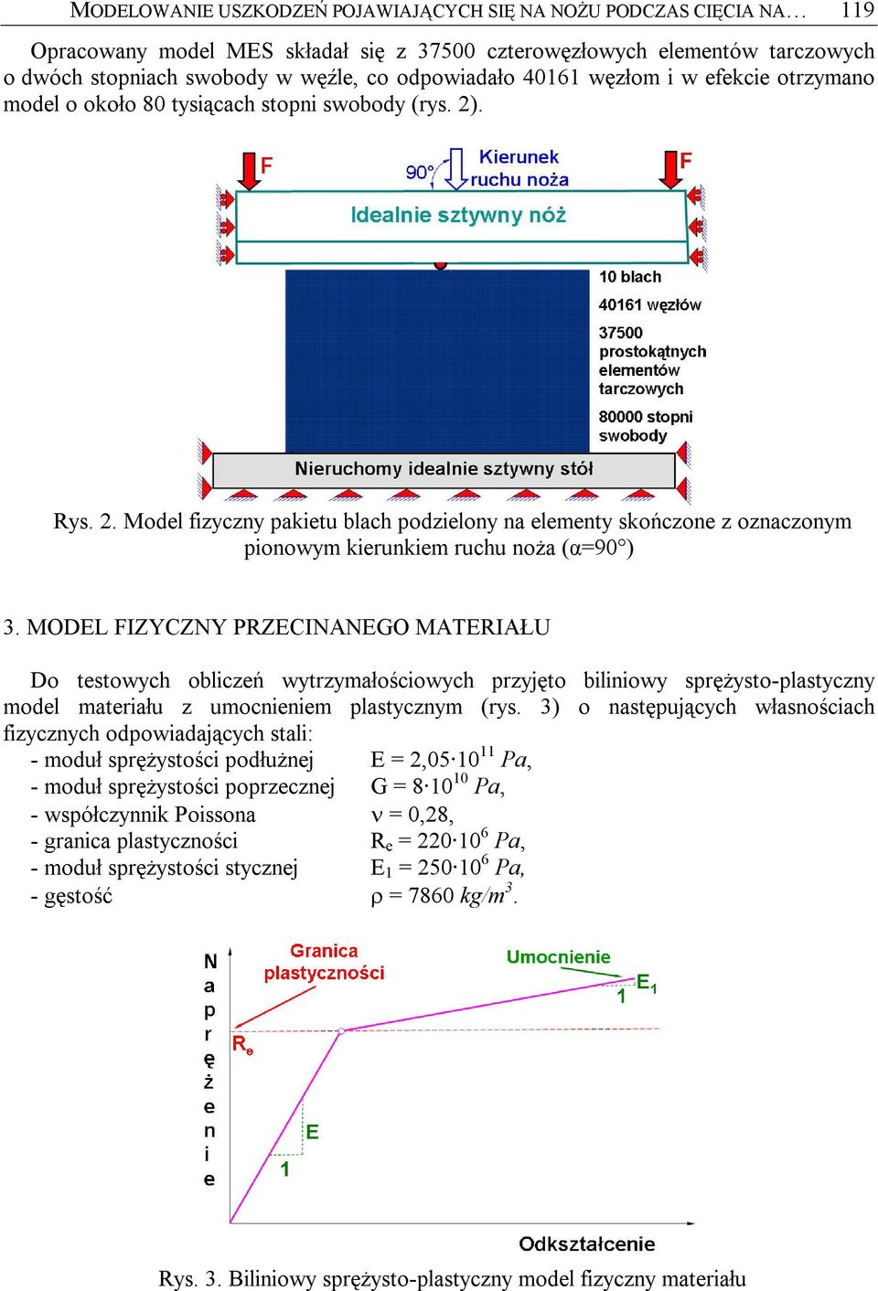 . Rys. 2. Model fizyczny pakietu blach podzielony na elementy skończone z oznaczonym pionowym kierunkiem ruchu noża (α=90 ) 3.